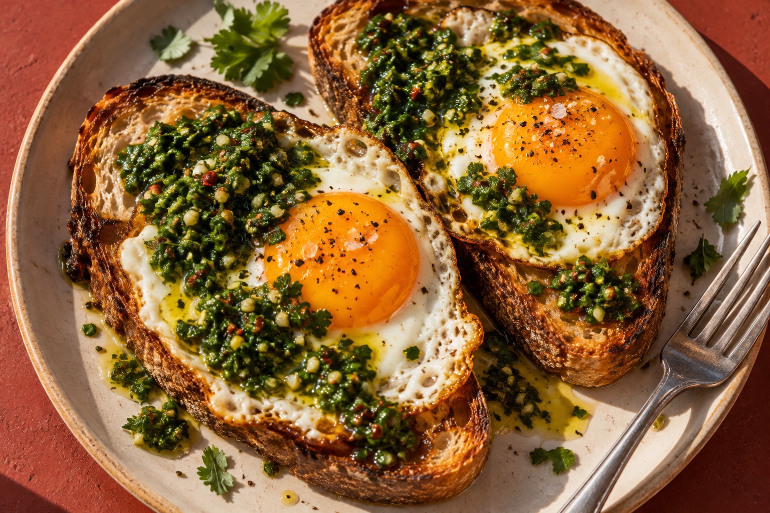 Sunny side up eggs on sourdough topped with green zhug