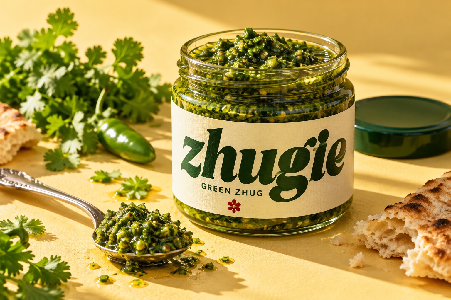 Zhugie green zhug concept jar with a spoonful of herb sauce, fresh cilantro, and torn flatbread