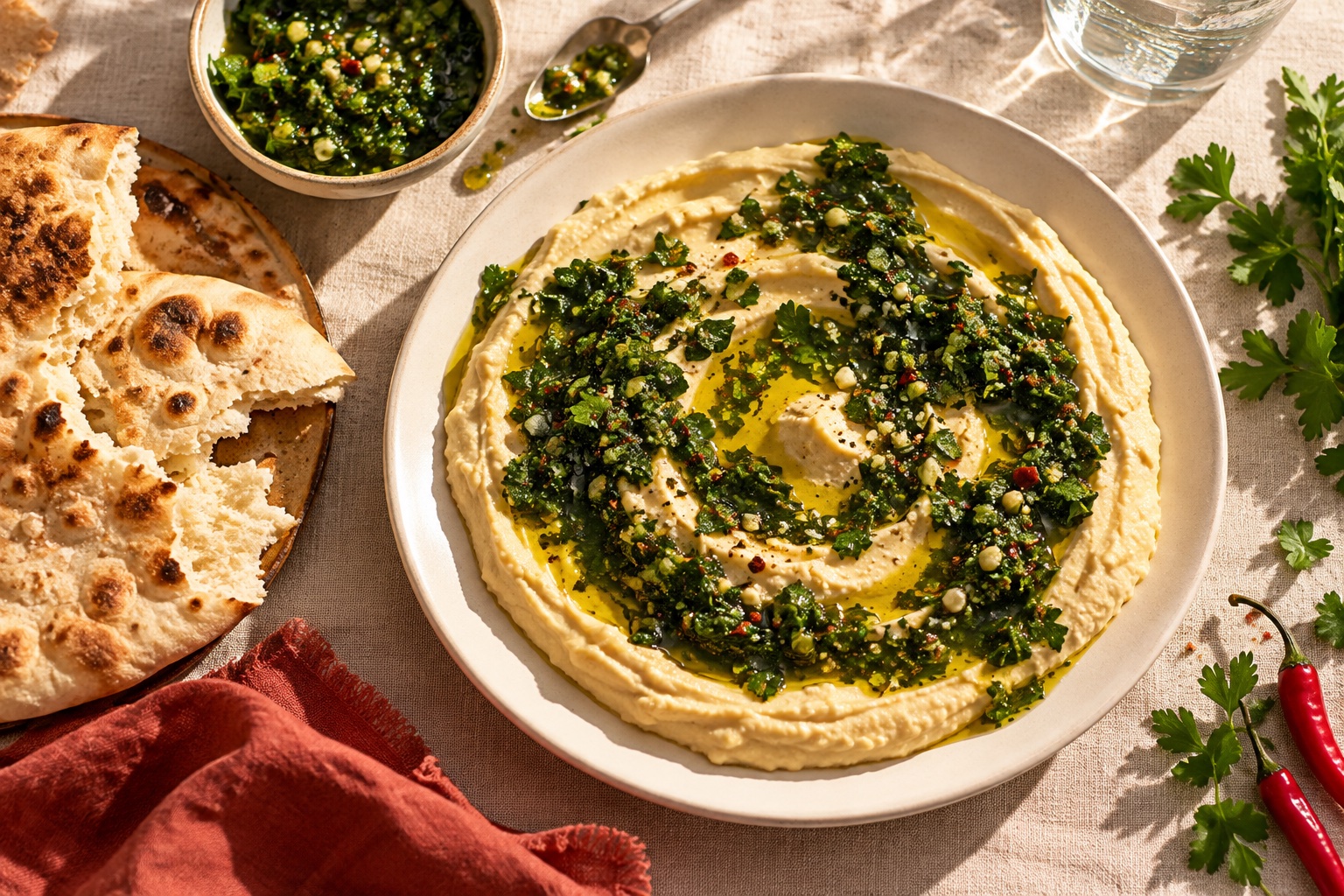 Creamy hummus swirled with green zhug, olive oil, and warm flatbread on a sunlit table